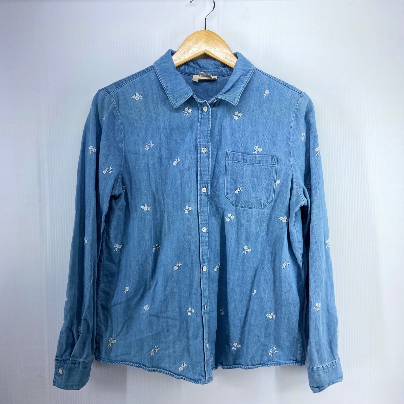 Sezane Tomboy Shirt Embroidered Blue Denim Chambray Long Sleeve Women EU 36 US 4