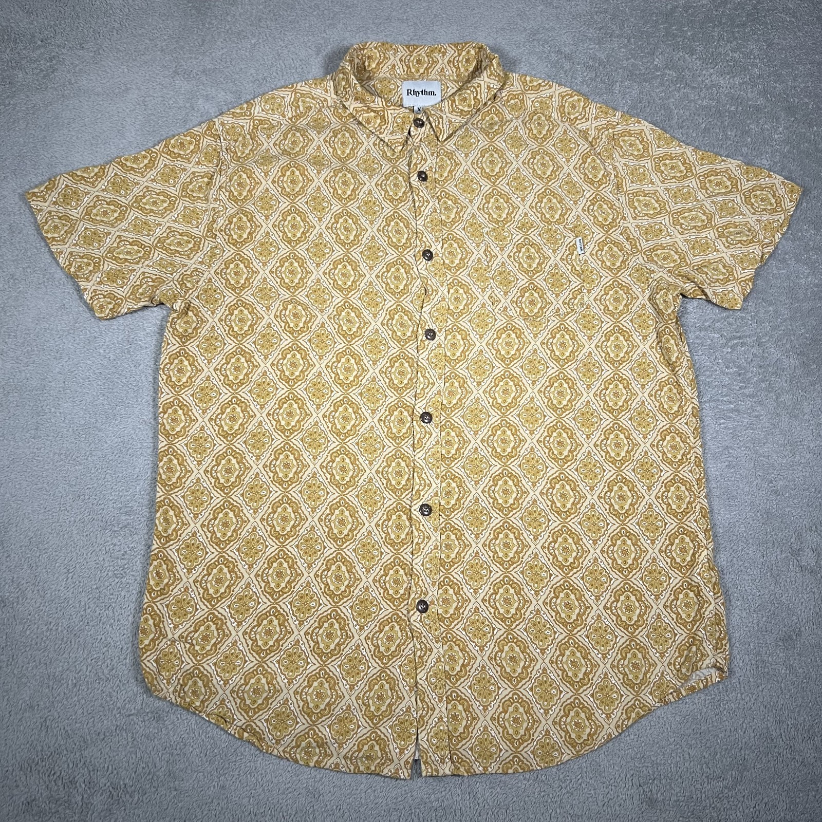 Rhythm Shirt Mens XL Yellow Floral Kasbah Short Sleeve Button Up Pocket Rayon