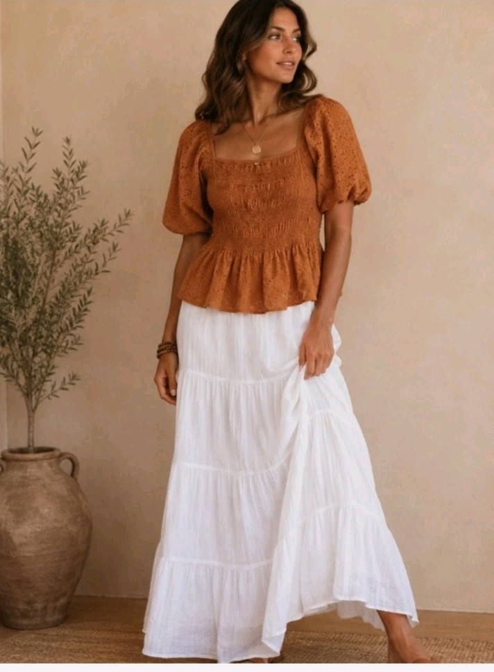 Maurices Boho Rust Eyelet Smocked Square Neck Puff Sleeve Peplum Blouse 1X