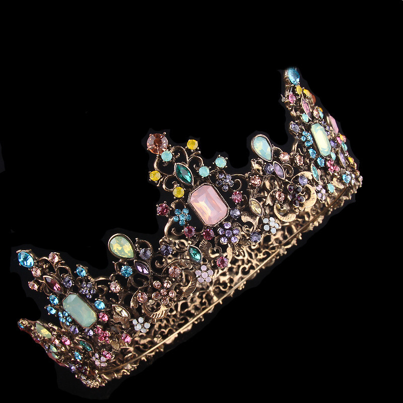 6cm Tall Multi-Color Crystal Gold Large Round Crown Wedding Prom Queen Princess