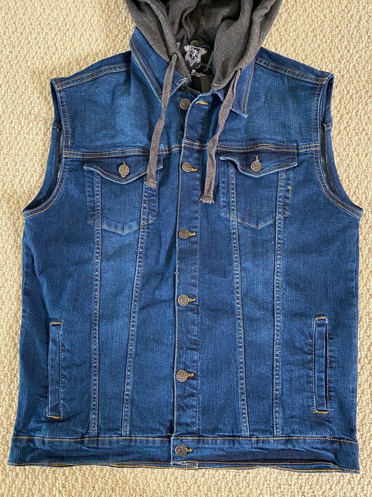 NWT Men’s Nathan Denim Stonewash Blue Convertible Hood Hoodie Denim Jean Vest