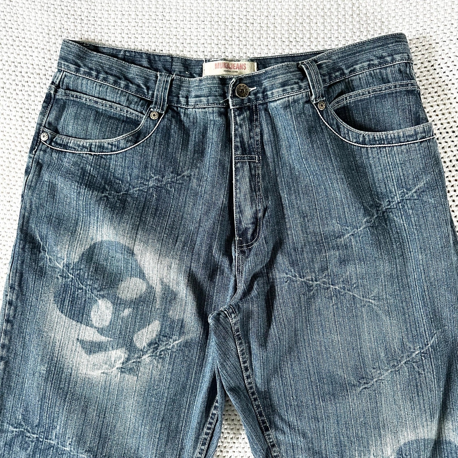 Muka Jeans Baggy Y2K Airbrushed Skull Stitches All Over Design Grunge Jeans 42