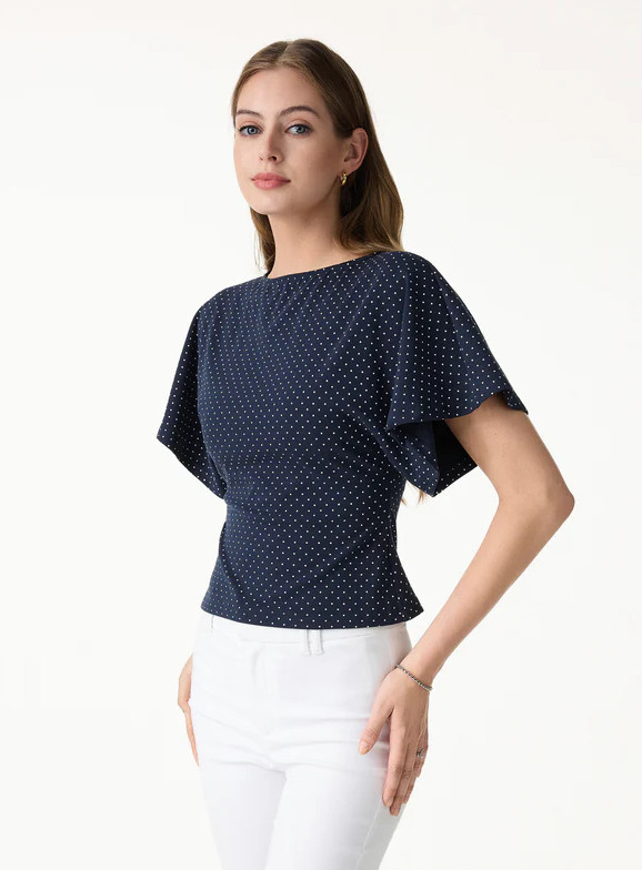 Soft Stretch Cotton Boatneck Flutter Sleeves Polka Dot Top Limited Edition, Red