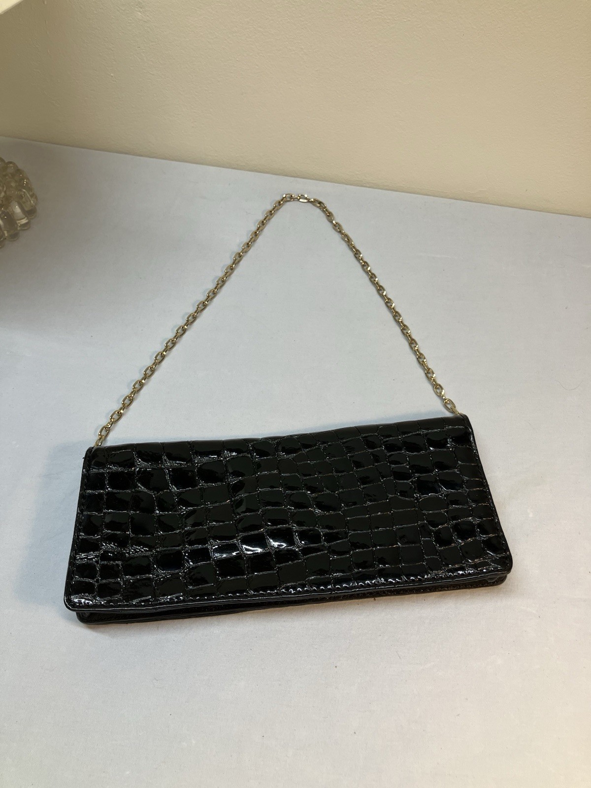 Y2K Antonio Melani Black Patent Leather Clutch bag Crocodile Embossed Gold Chain