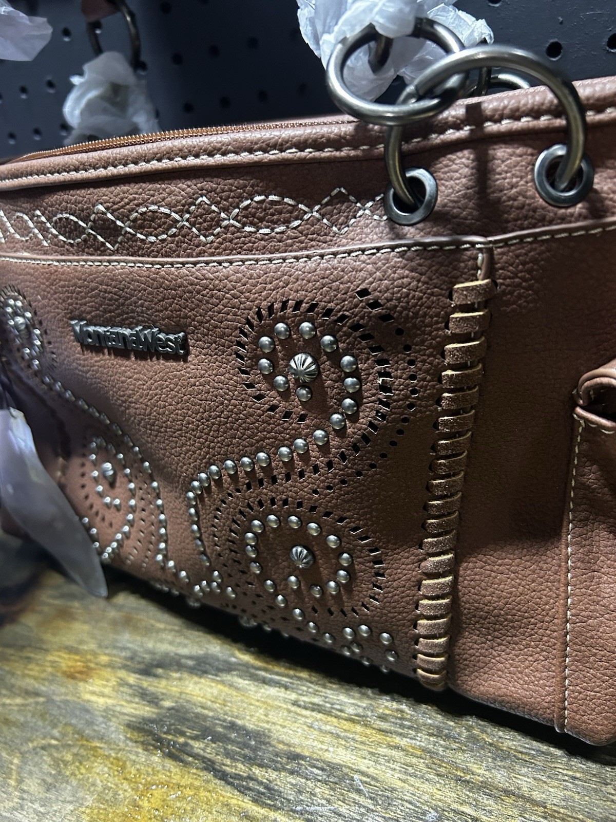 Montana West Brown Studded Pebbled Satchel Top Handle Zip Lined Pockets Strap