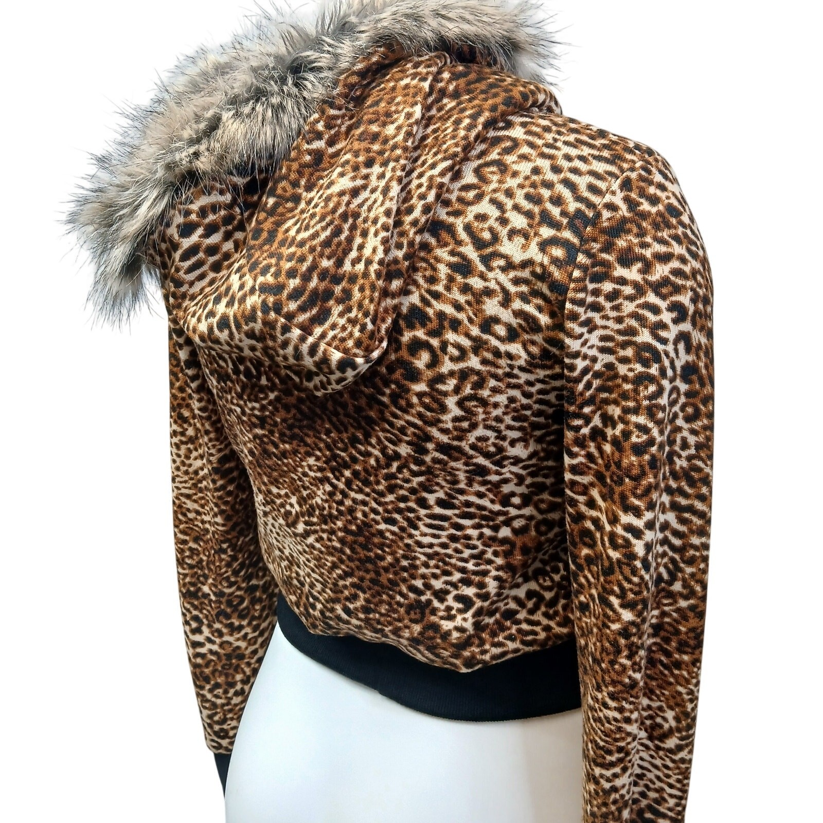 Hendi Hooded Bomber Jacket Leopard Animal Print Faux Fur Trim OS