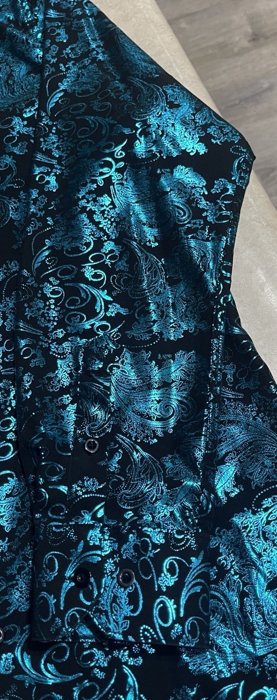 Barry Wang Men’s Blue & Black Paisley Print Button Down Front Dress Shirt Sz M