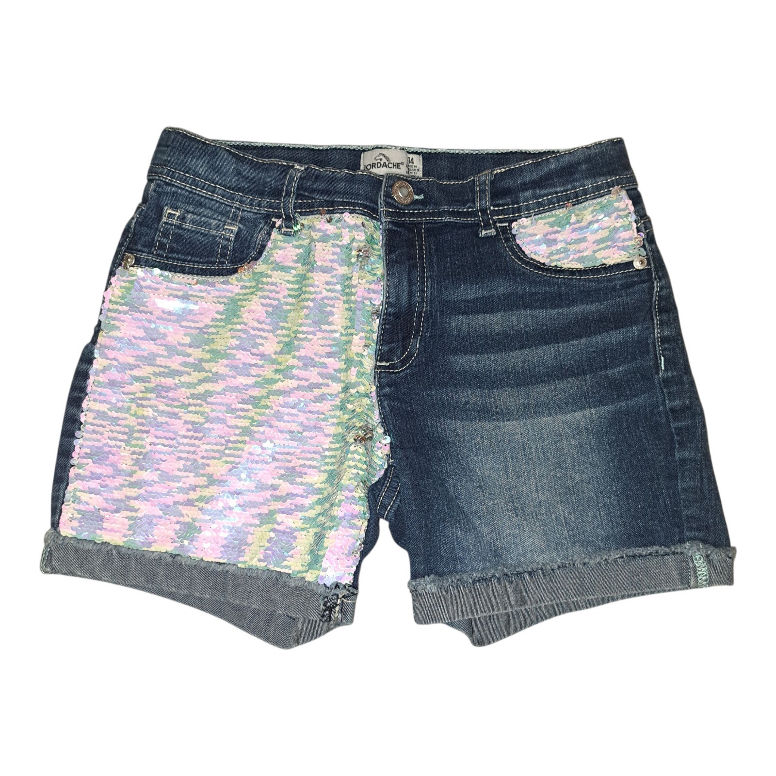 JORDACHE Flip Sequins Blue Jean Shorts 14 Denim Street Dance Hip Hop Pop Jazz