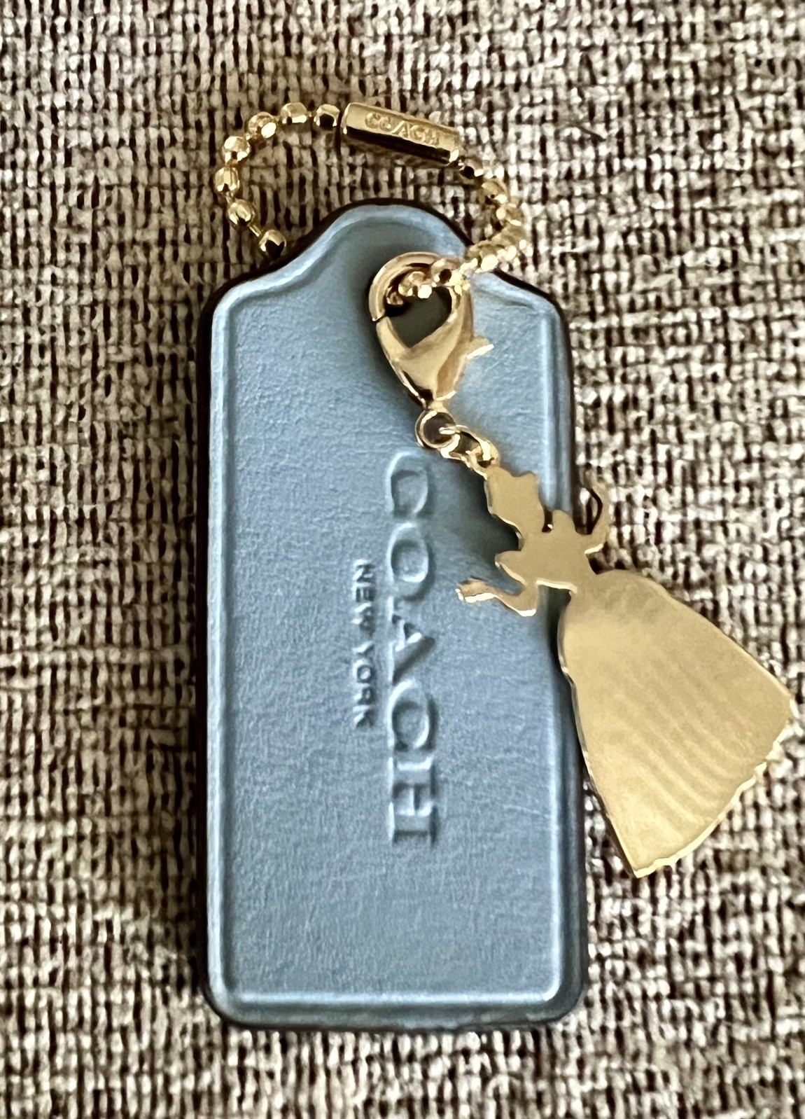 Genuine Coach 2.25” Blue Leather HangTag & Gold Cinderella Silhouette Charm New