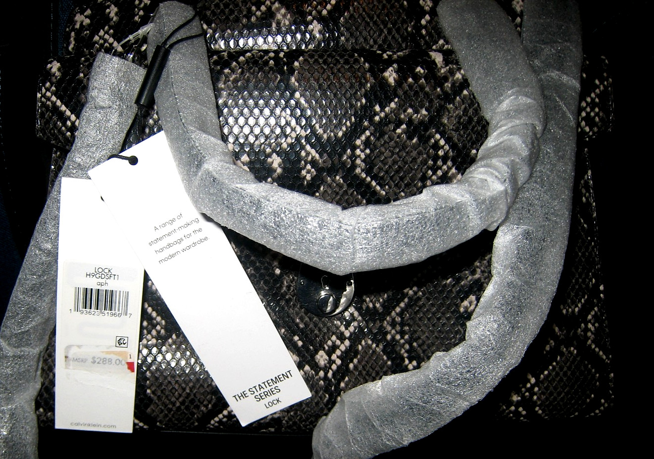 Calvin Klein Satchel Crossbody Lock Python Snake Embossed Grey Black w/Bag NEW