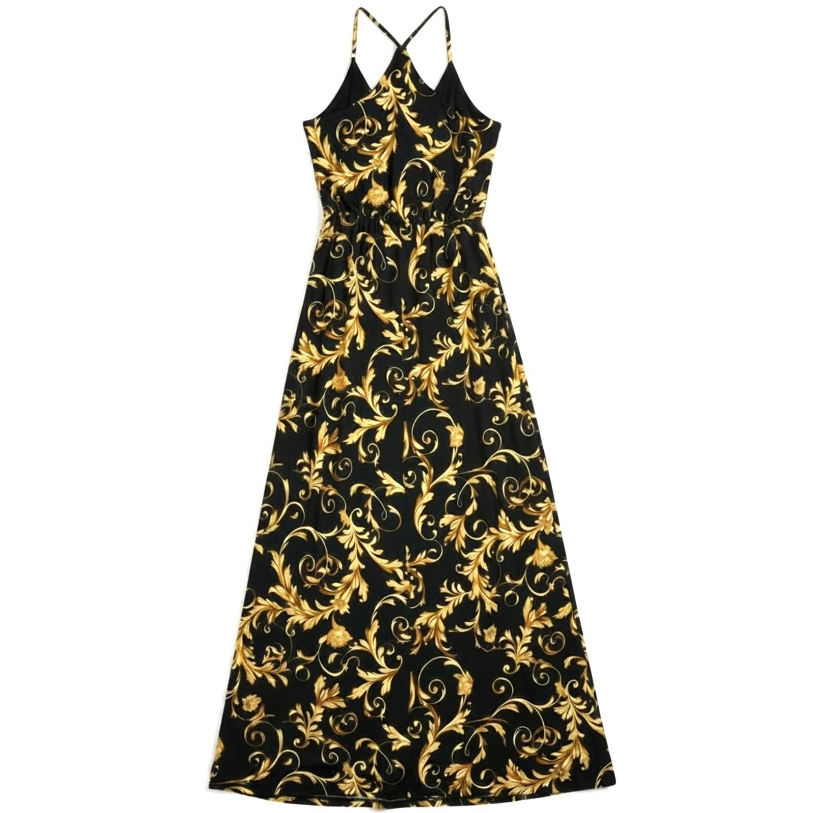 DNA Couture Black & Gold Baroque Scroll Print V-Neck Maxi Dress Size Small