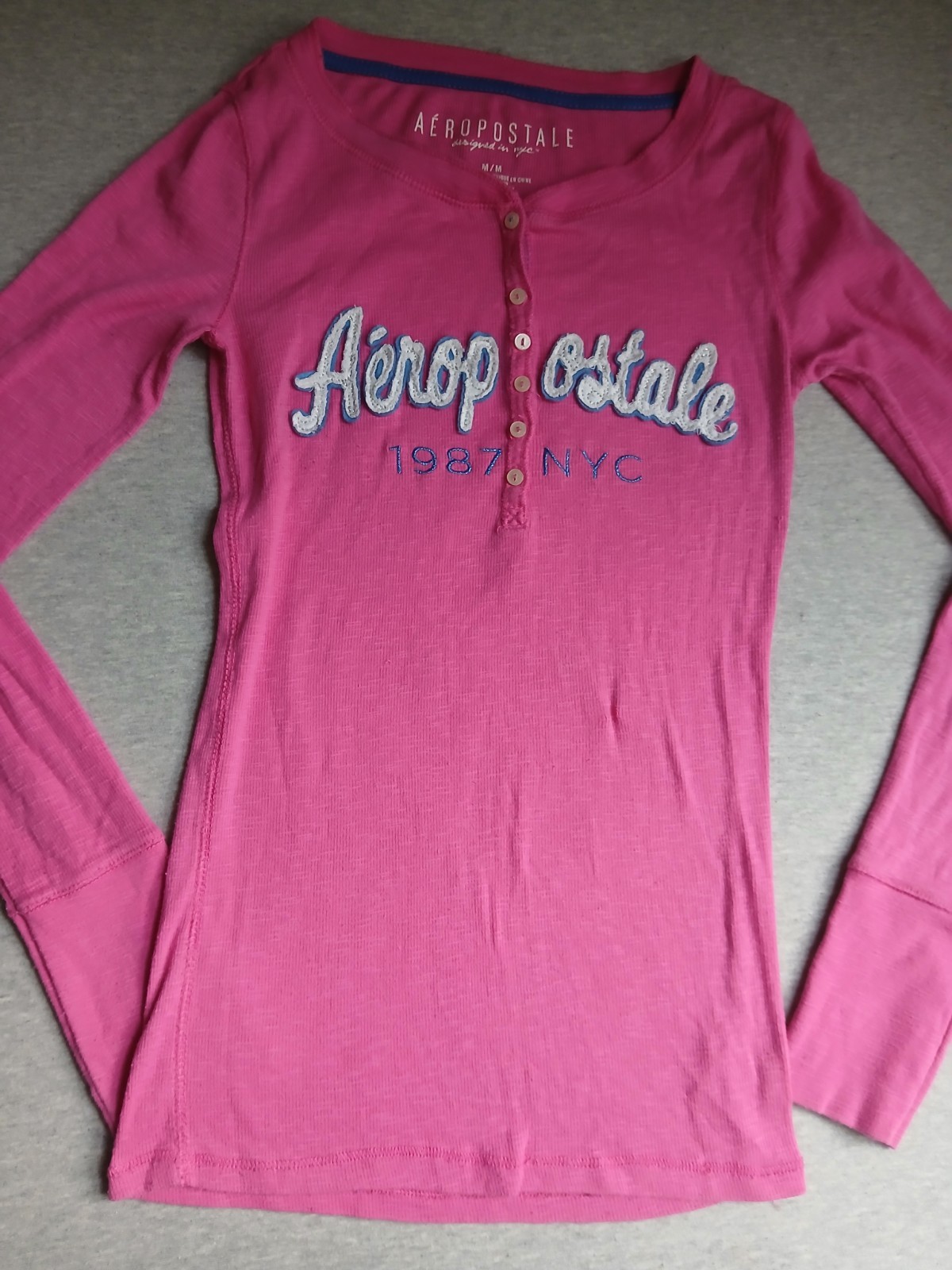 Aeropastale Top Medium Henley Ribbed Knit Long Sleeve Stretch Y2k Bella Swan
