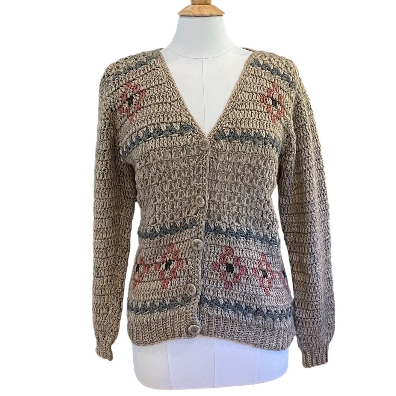 Vintage Lord & Taylor Tan Wool Blend Open Knit Crochet Cardigan, Floral, Size L