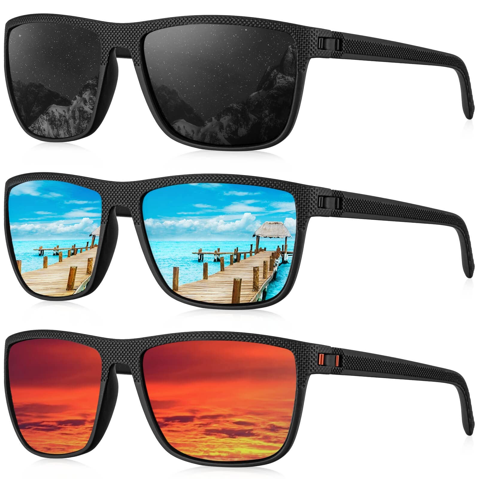 KALIYADI Polarized Sunglasses Men, Medium, (3 Pack) Black/Ice Blue/Red