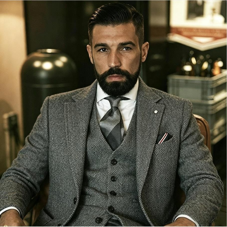 3-piece gray men’s suit herringbone checkered tweed tailcoat retro suit ball