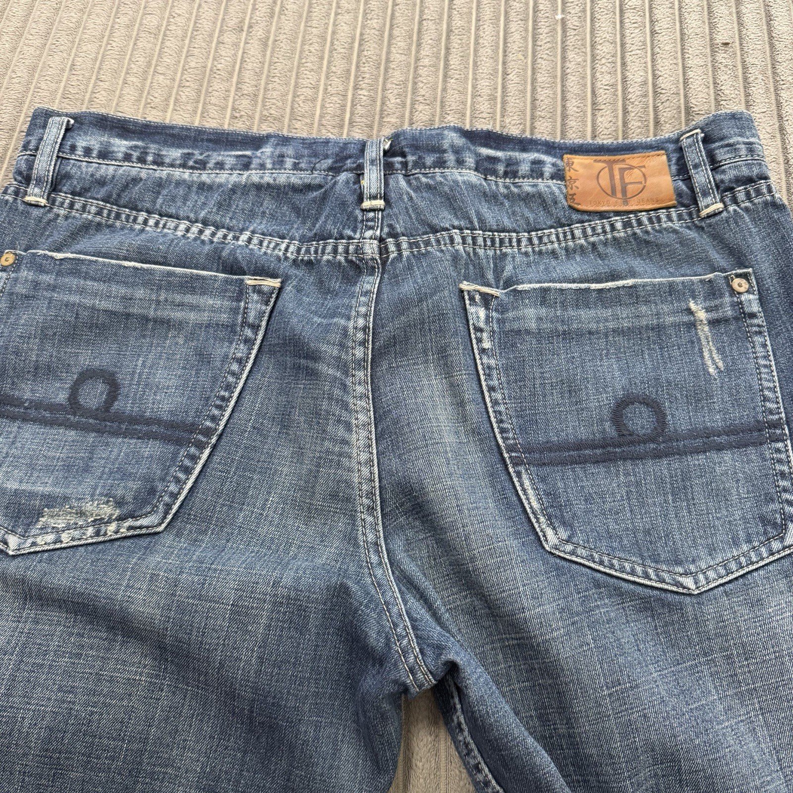Tokyo Five The Way Jeans Mens 38×32 Blue Denim Whiskered Cotton Button Fly Pants