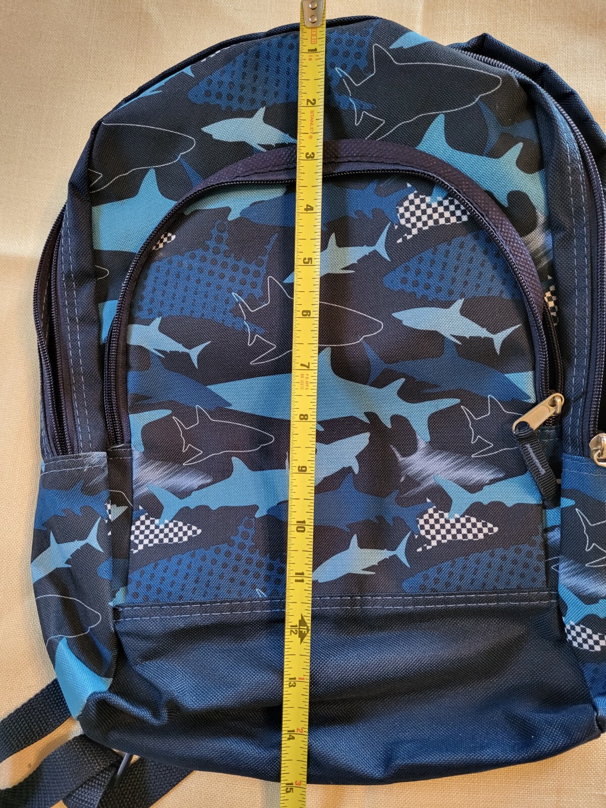 SMALL CHILD’S BLUE SHARK PRINT BACKPACK – APPROX 15″ X 11″ – GOOD CONDITION
