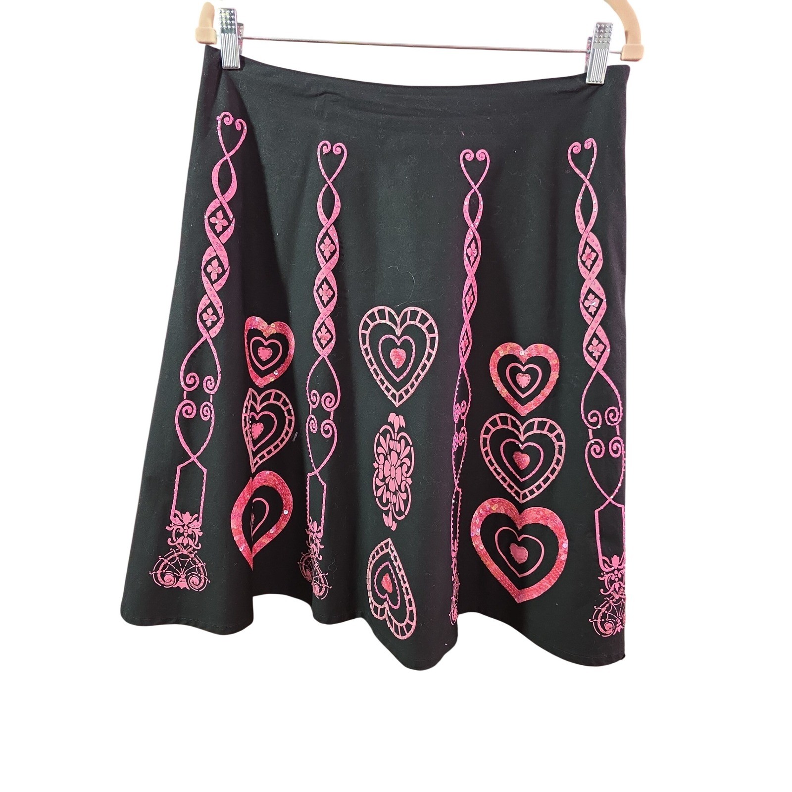Cadi & Blu Vintage Midi Skirt Womens 8 Black Pink Heart Embroidery Sequin Lace