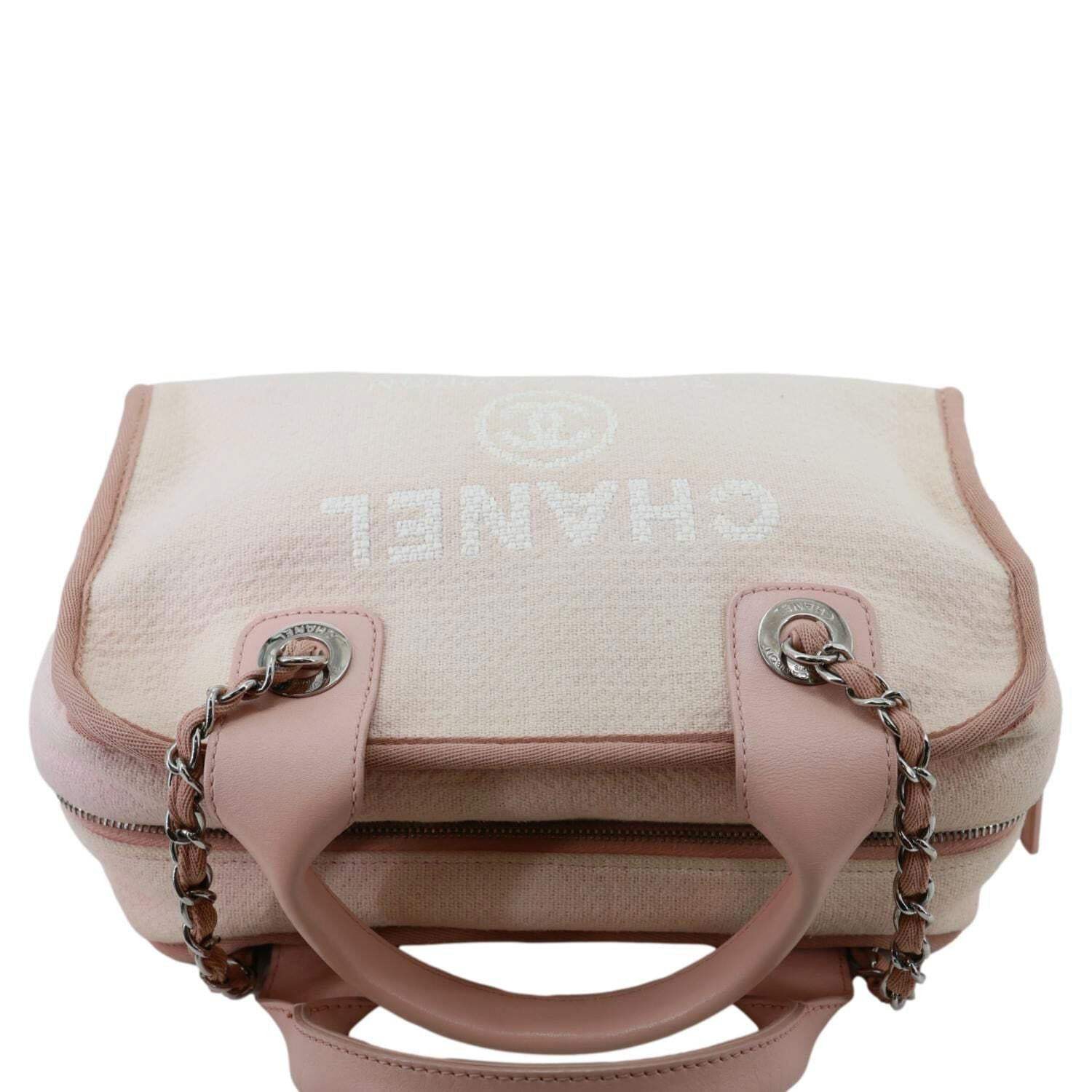 CHANEL Deauville Canvas Leather Bowling Shoulder Bag Light Pink