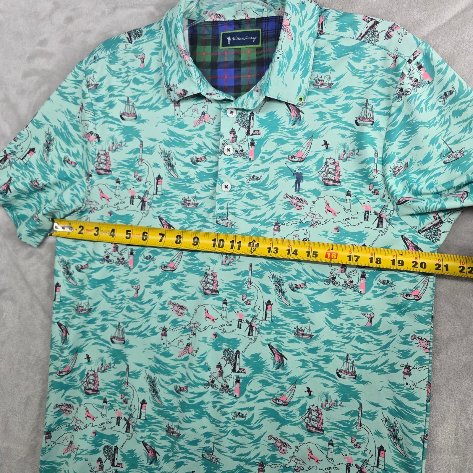 William Murray Large Cape Cod Mens Aqua Nautical Map Print Golf Polo Shirt EUC