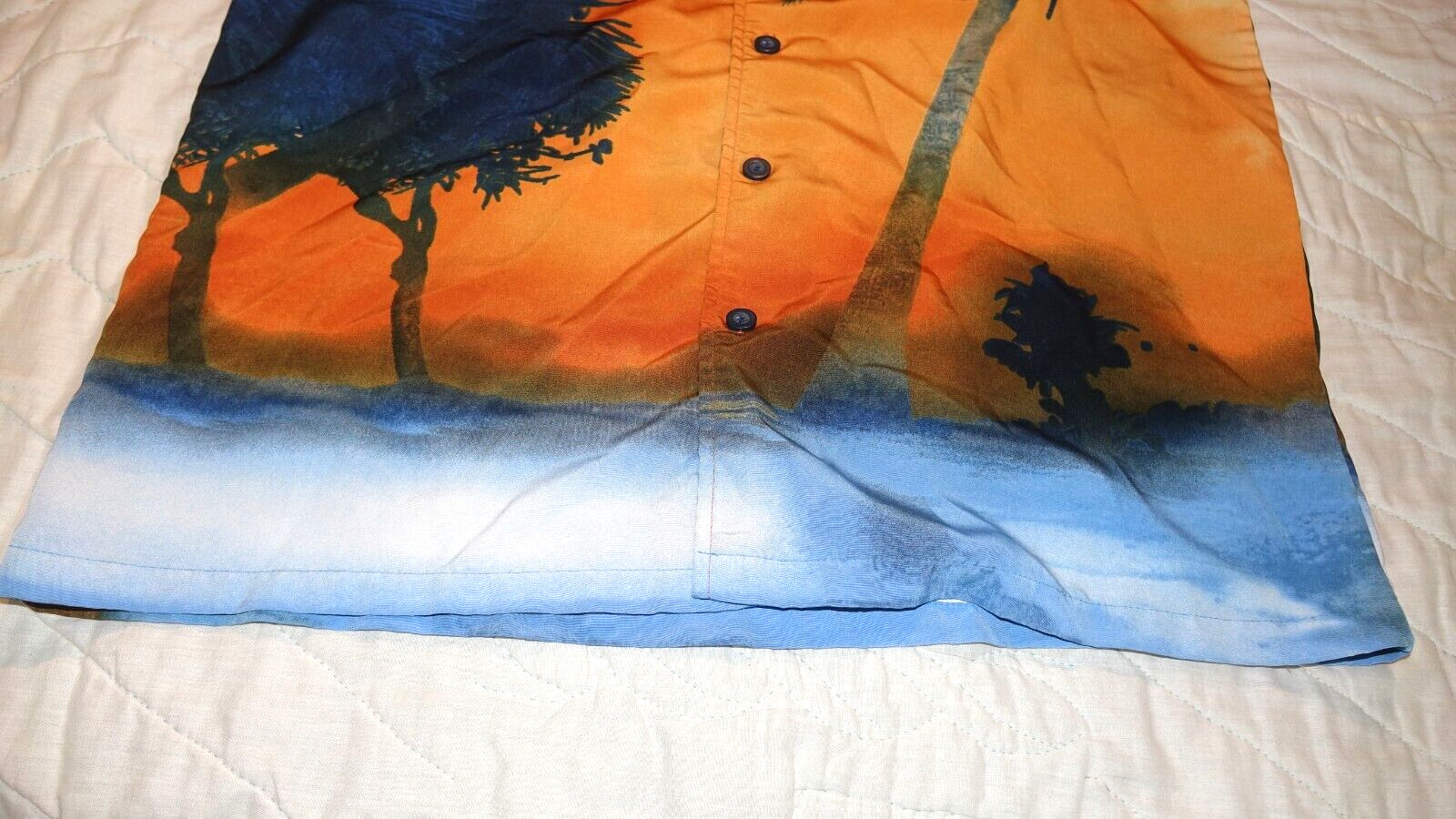 ODO Hawaiian Shirt Men’s Size L Large Loud Blue Orange Ocean Sunset Palm Trees