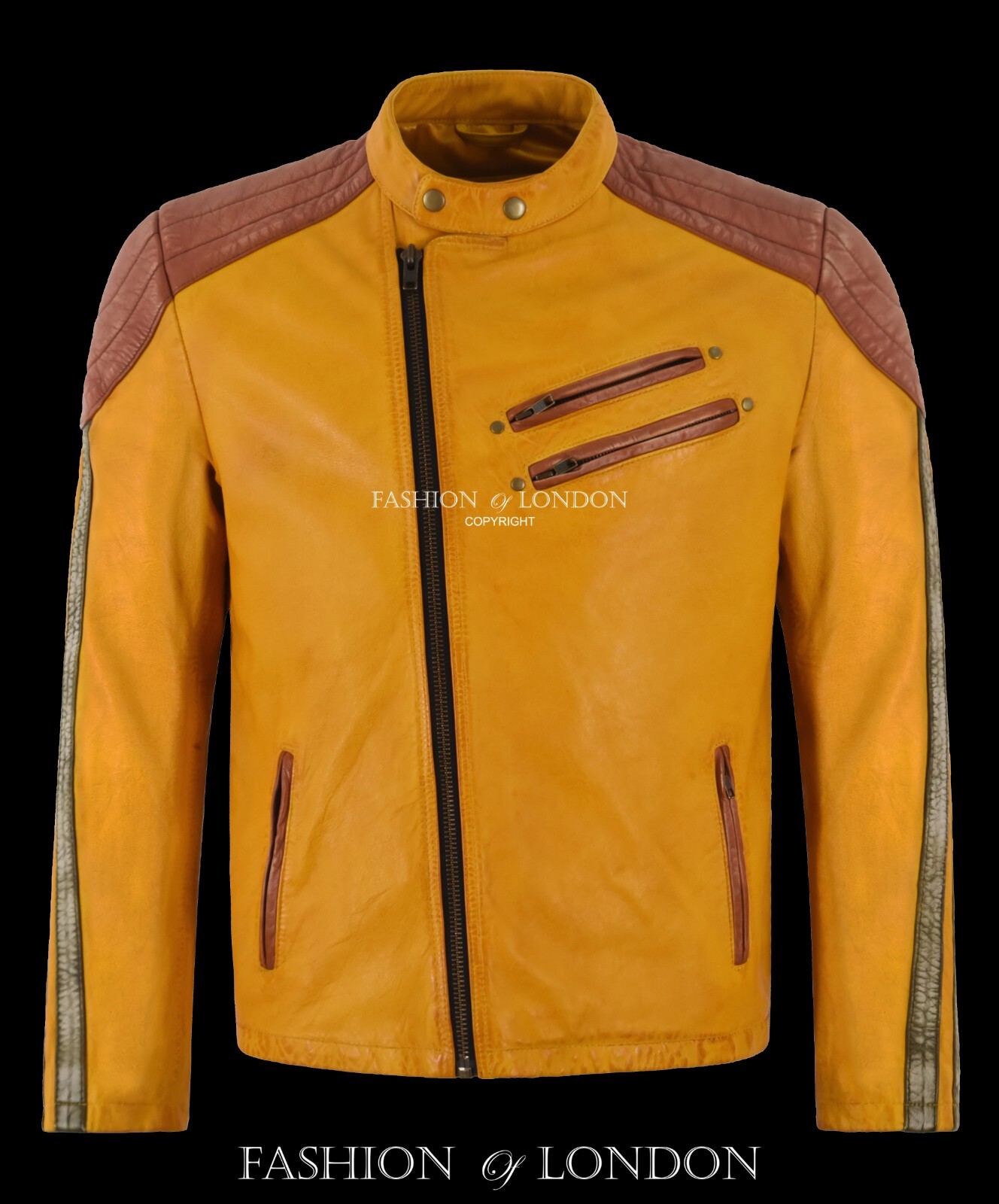 Men’s Racer Style Real Soft Leather Jacket Yellow Classic Motocross Biker Jacket