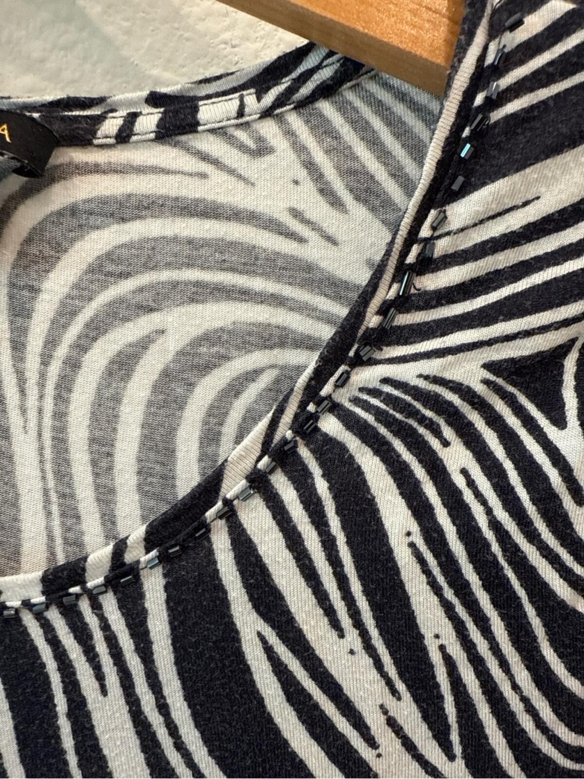 Escada Sport Zebra Print Beaded Neckline Top Small Navy White 3/4 Sleeve