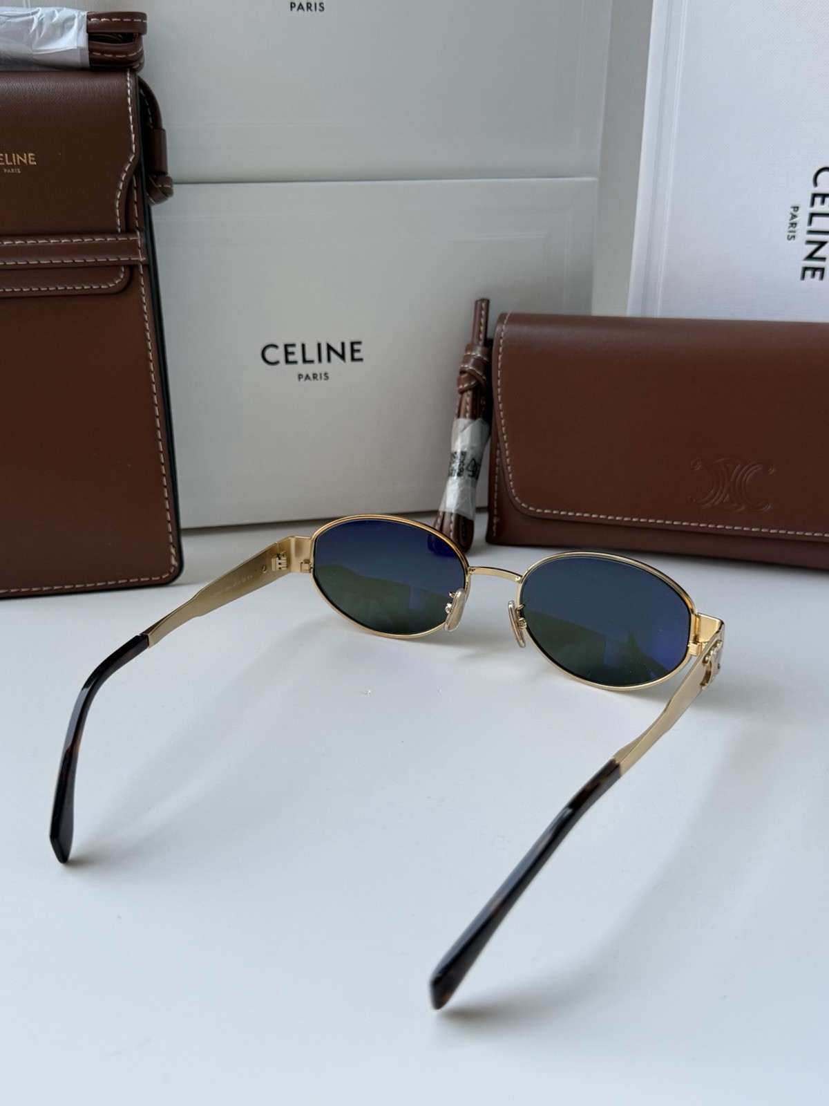 Celine CL40235U 30N Triomphe Metal Oval Sunglasses Gold Green Lens AUTHENTIC