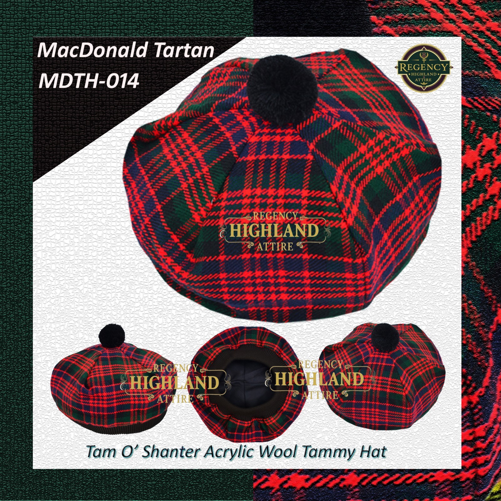 Unisex Great Scottish Highland Tam O Shanter Hat Made of Acrylic Wool Tartan.