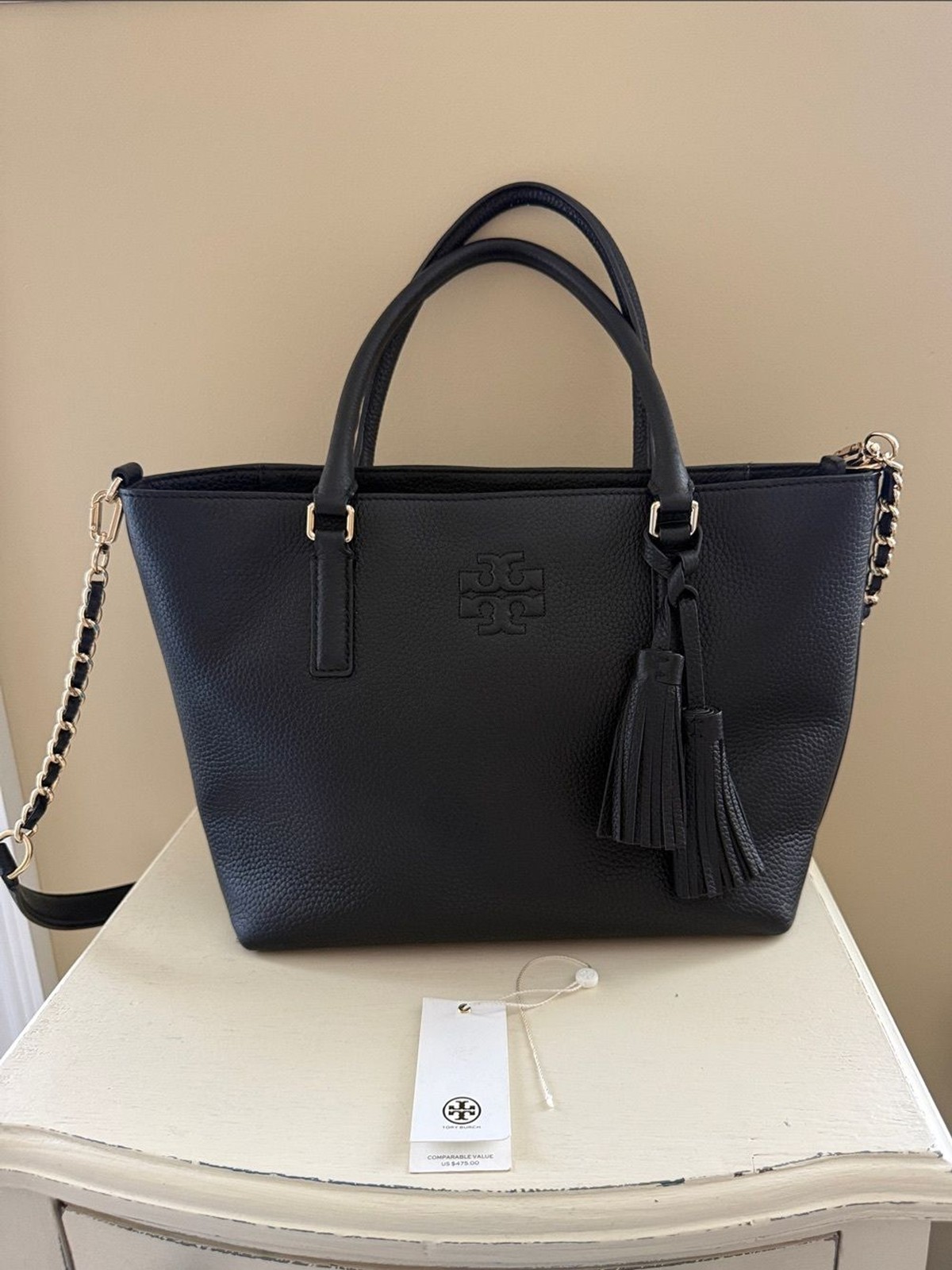 Tory Burch Thea Small Convertible Black Leather Tote, new without tags