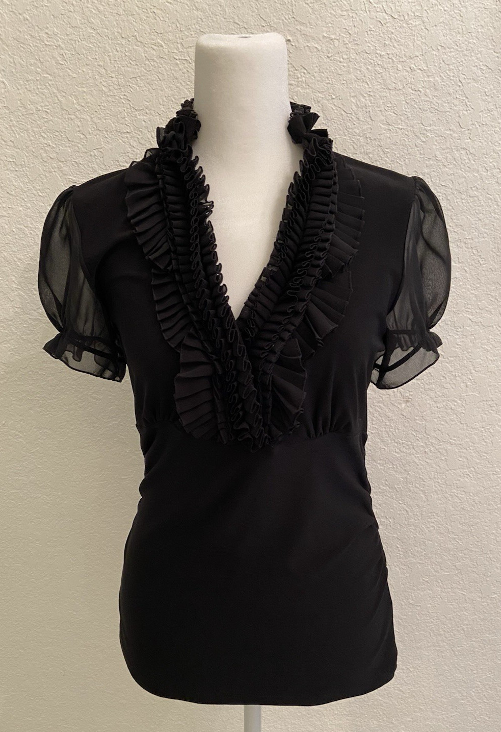 White House Black Market Black Ruffle Vneck Semi Stretch Short Sleeve Top Size S