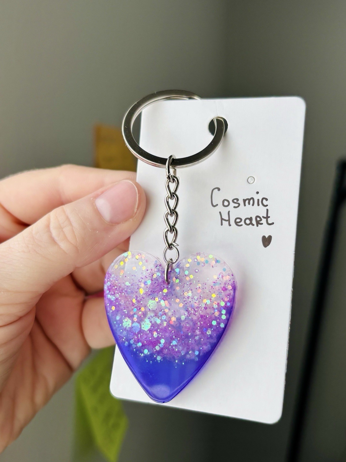 Cosmic Heart Resin Heart Keychain Handmade Purple Pink Glitter Galaxy Bag Charm