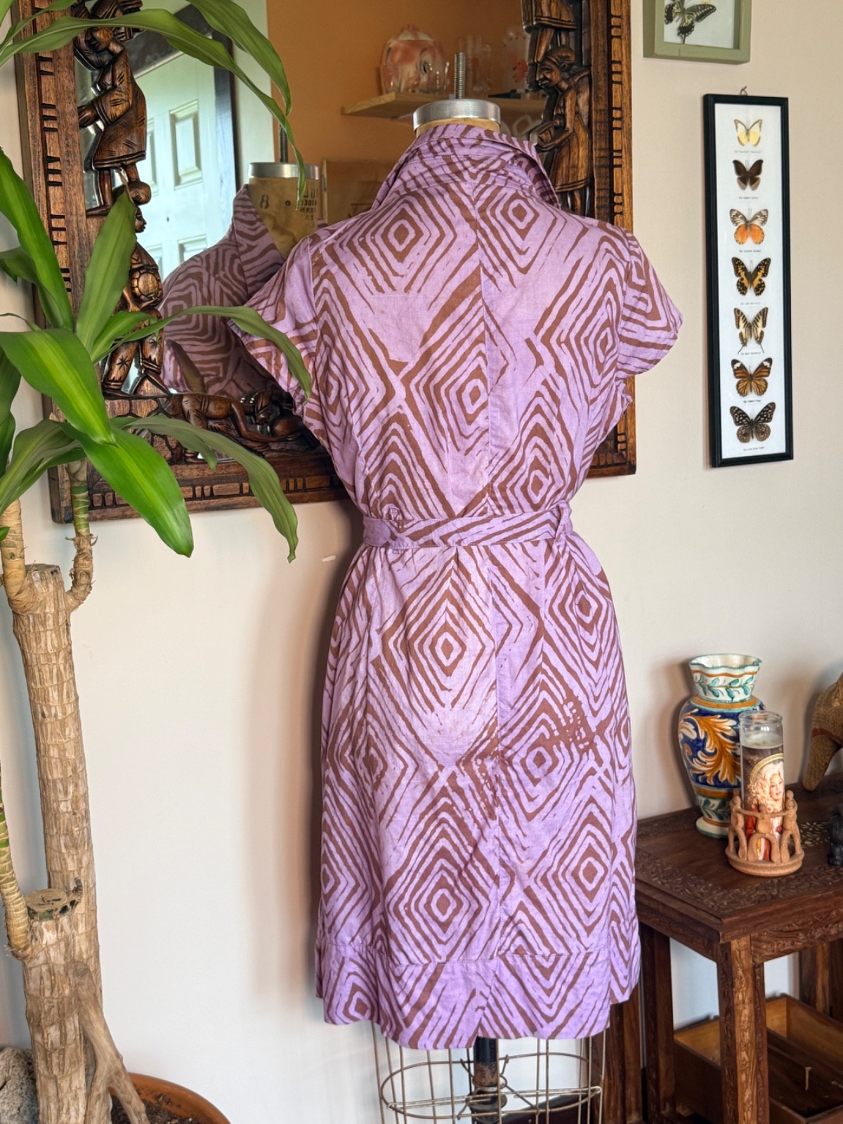 Global Mamas Cotton Lavender/Brown Batik Dress Size L