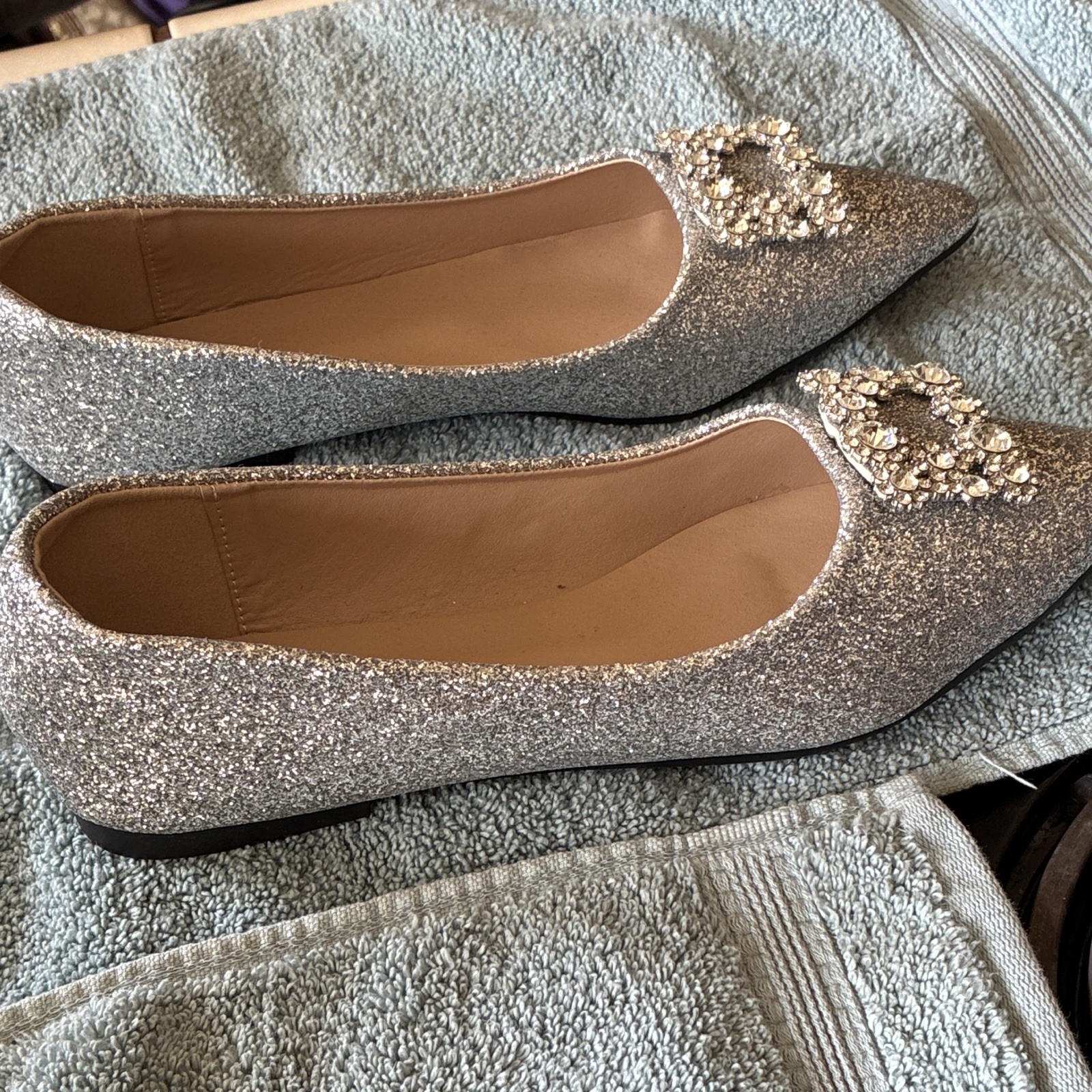 Silver Glitter Pointed Toe Slip-On Ballet Flats Rhinestone 10