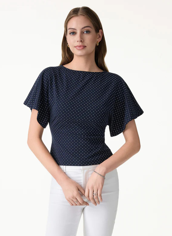 Soft Stretch Cotton Boatneck Flutter Sleeves Polka Dot Top Limited Edition, Red