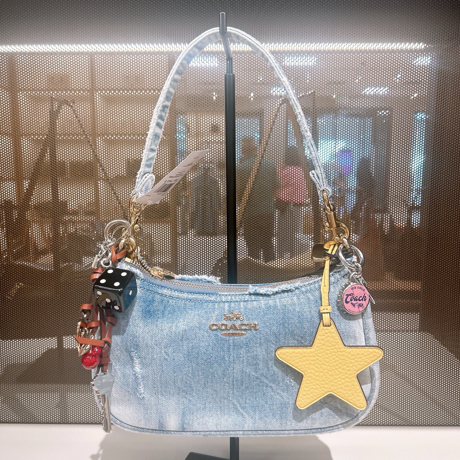 NWT COACH CDY76 Teri Shoulder Bag In Loved Denim With Charms /Light Indigo