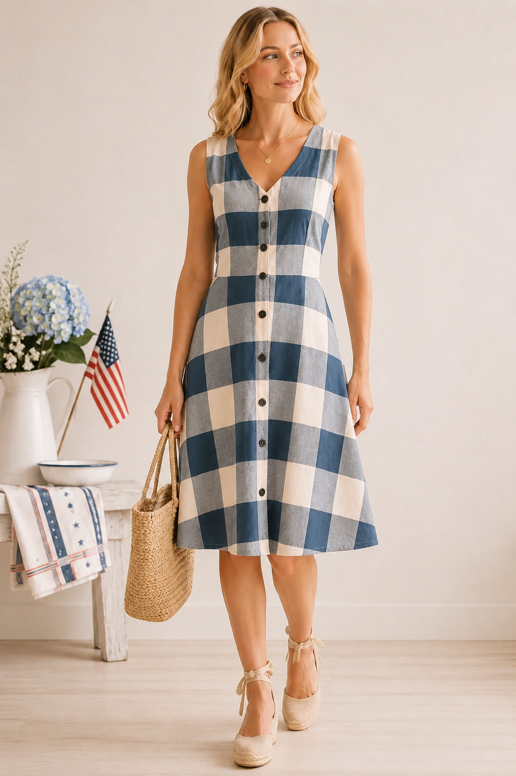 Mata Traders Blue White Buffalo Check Dress Cotton A-Line Swing Sz S Americana