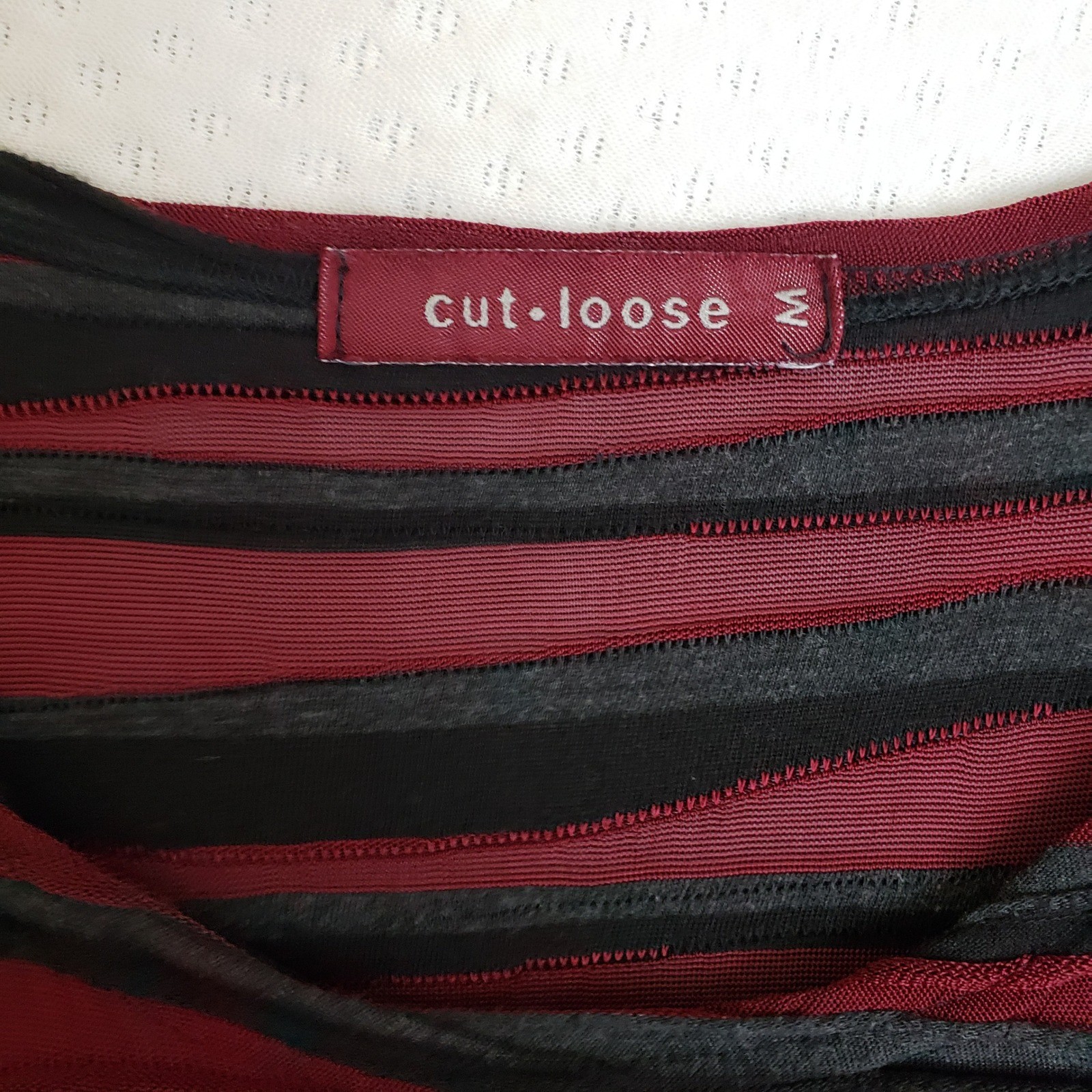 Cut Loose Womens Tunic Top Burgundy Gray Striped LS Textured Sz M semi-sheer
