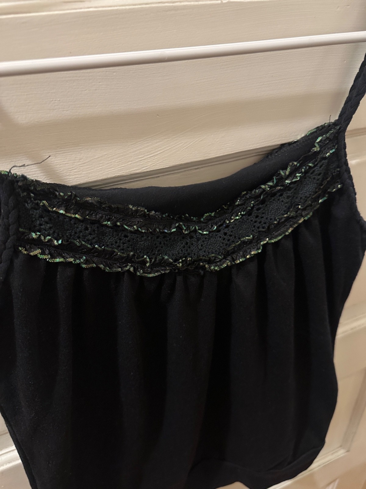Black Lace Trim Metallic Shimmer Camisole Braided Spagetti Strap Tank Top