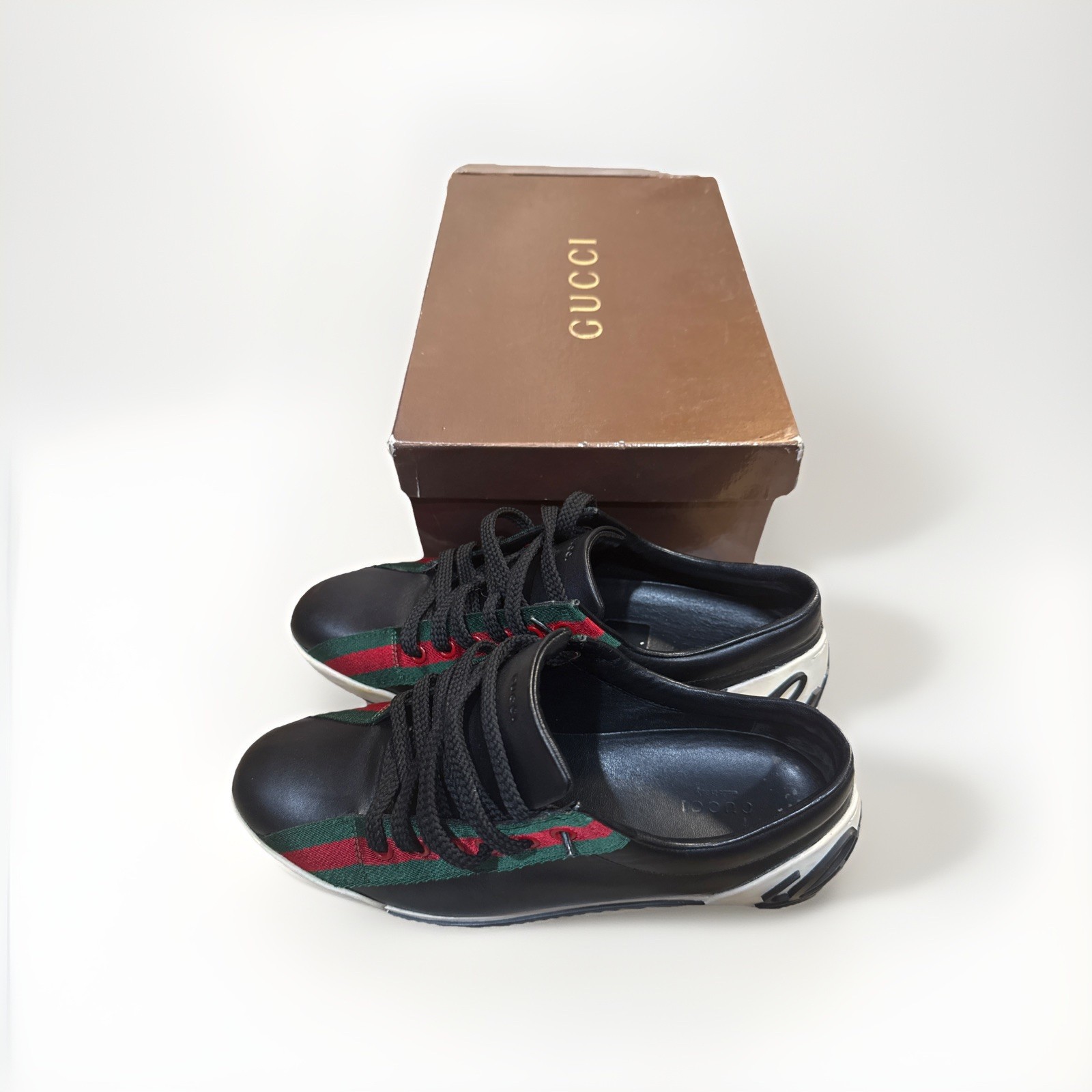 Gucci Boulevard Sneakers 38.5 Black Leather Green Red Stripe Italy