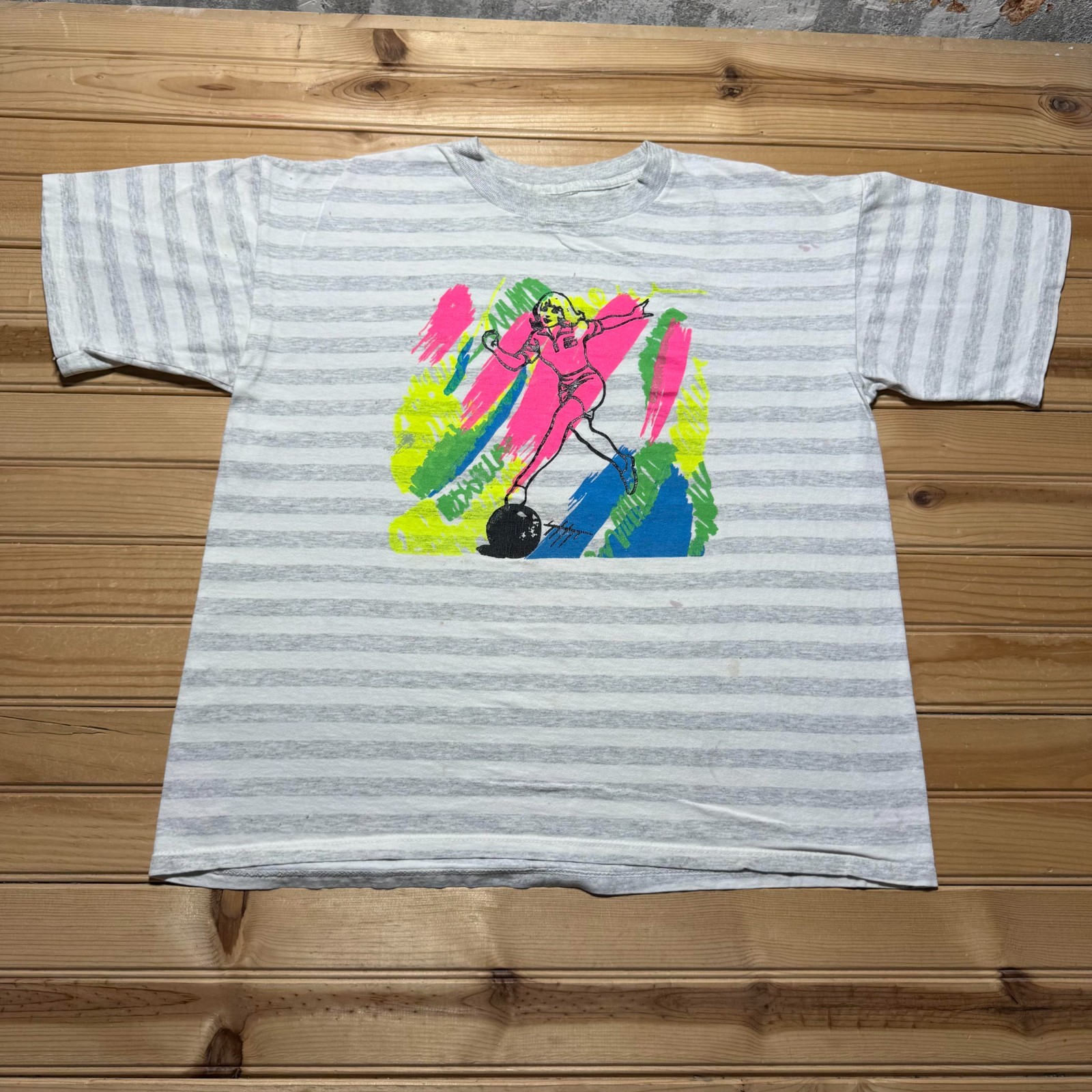 Vintage 80s Bowling Female Hager Graphics Athletic Sports Striped T-Shirt Large