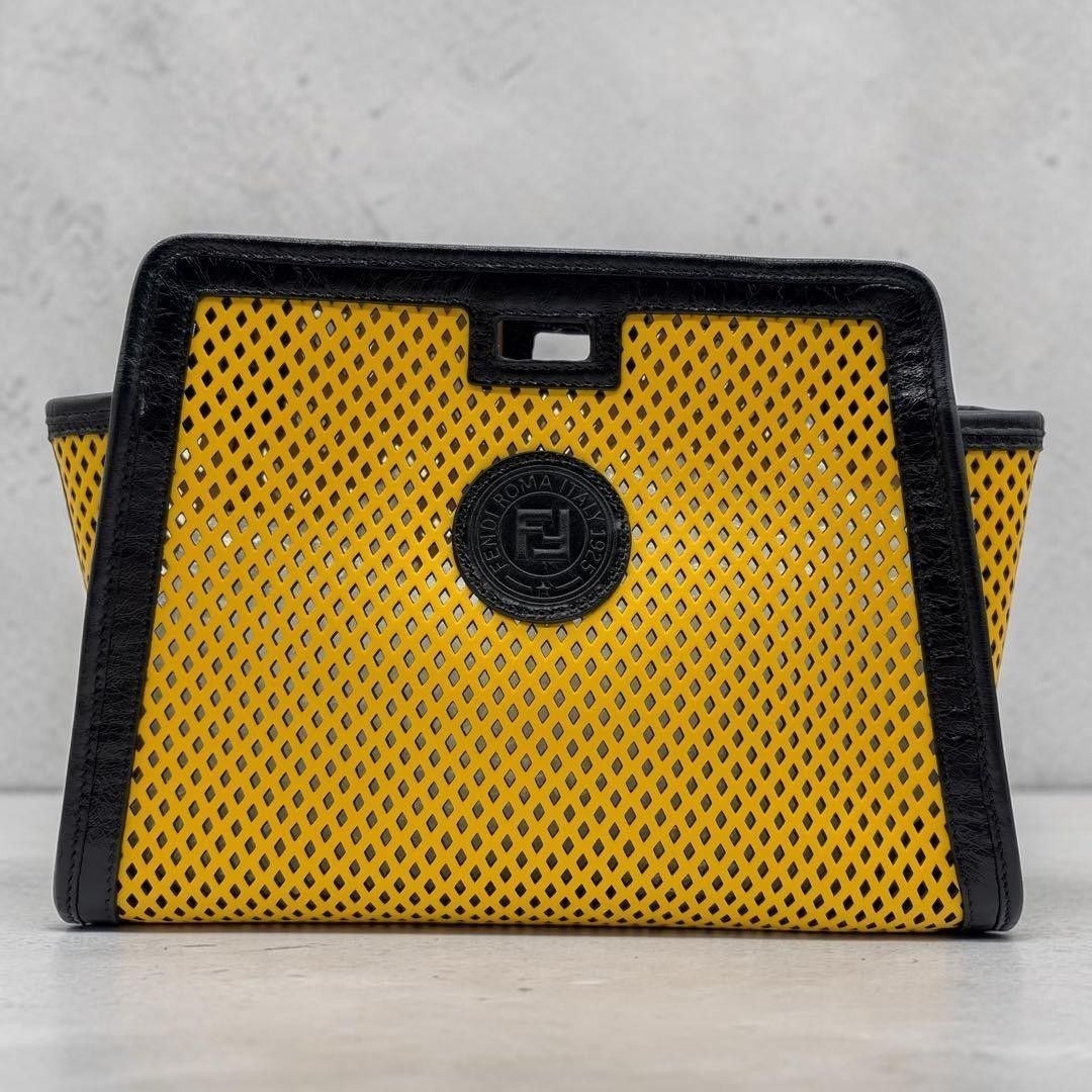 FENDI Peekaboo Defender Clutch Bag Leather Logo Yellow Size: W:10.2 × H:7.7 in.