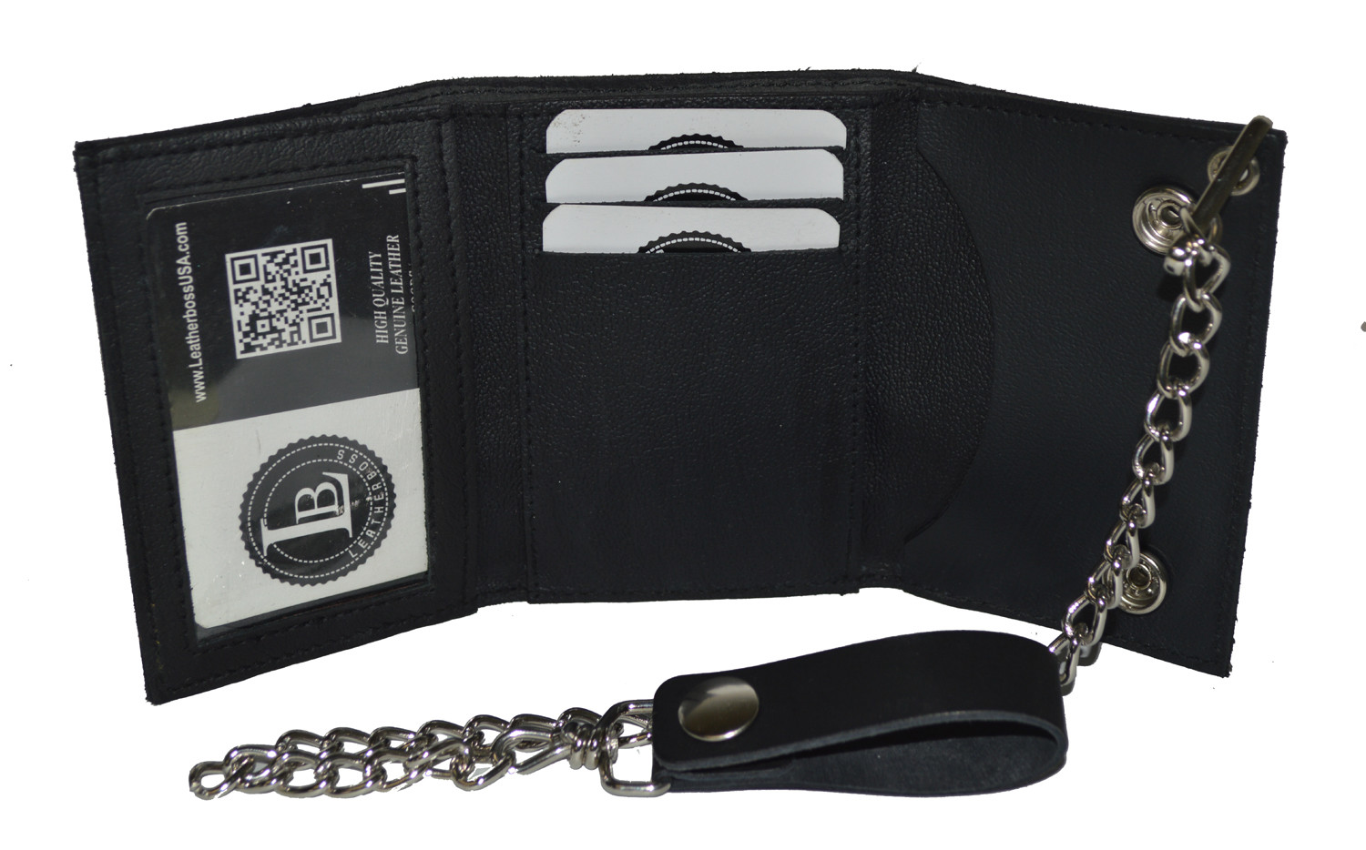 Leatherboss Genuine Leather Men MOTORCYCLE Trifold Wallet Chain Biker, Black