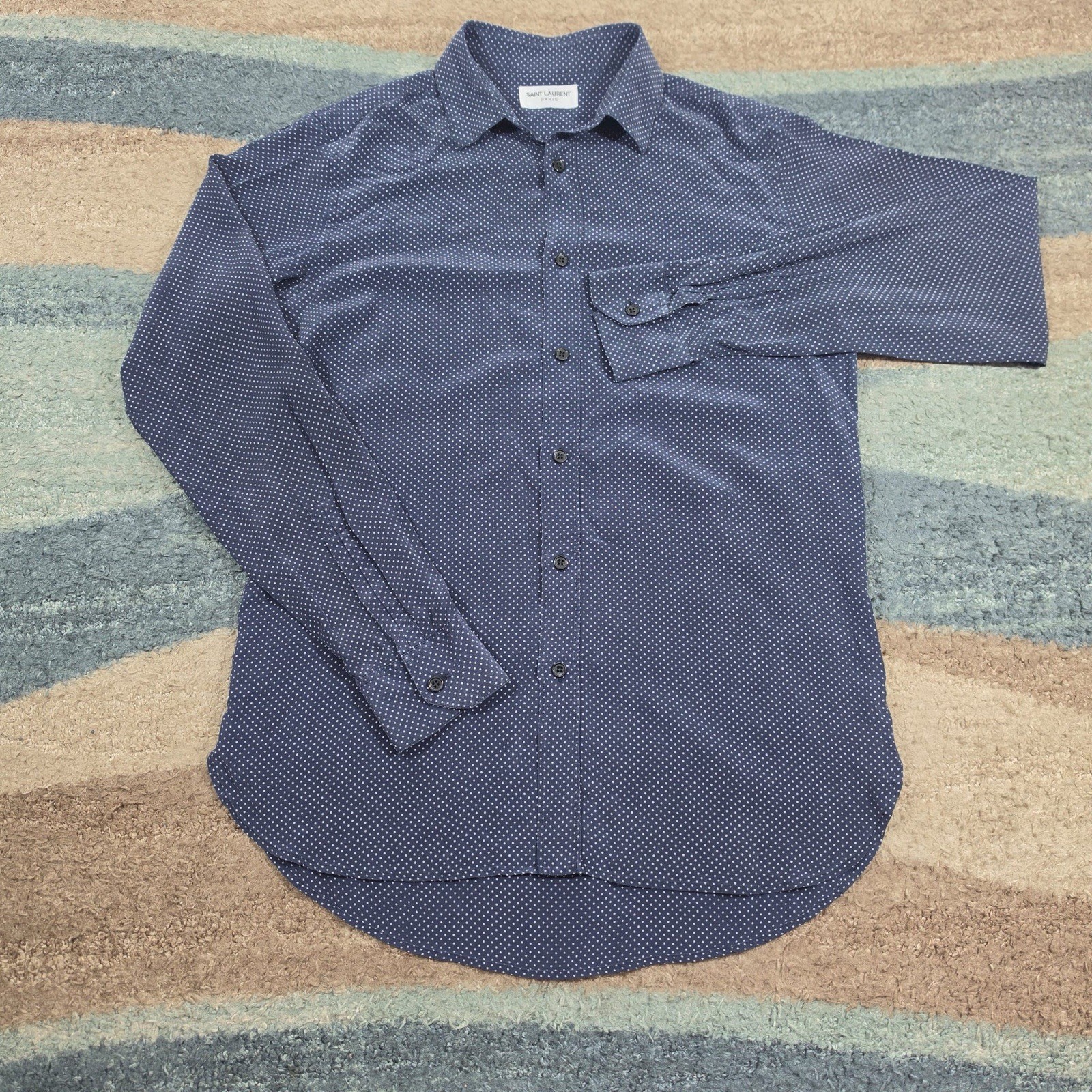 Saint Laurent Paris 100% Silk Polka Dot Dress Shirt Mens 39 15.5
