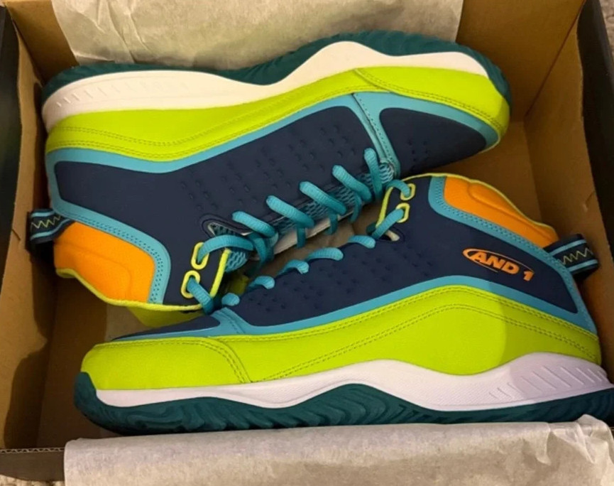 And 1 Mens Sneakers- Pulse 2.0 TPR -Neon Green- Navy & Teal High-Top -NWB