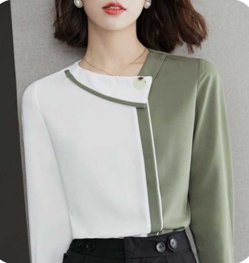 Women’s Two Tone Colorblock Button Up Blouse White Sage