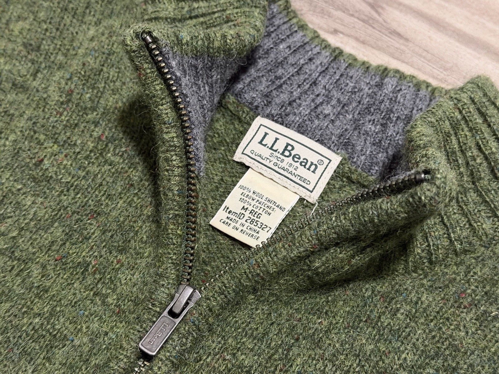 Size M – LL Bean Shetland Wool 1/4 Zip Ragg Sweater Elbow Patches Green #285327