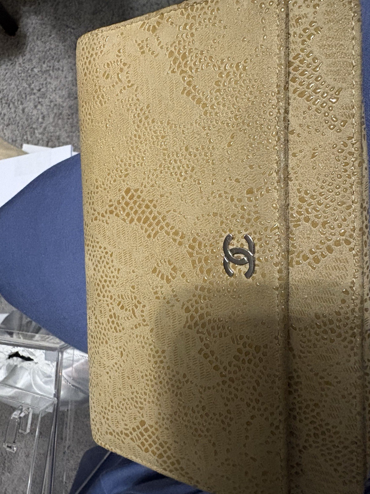 CHANEL Beige Embossed Logo Clutch w/ Gold Hardware Animal Print Women