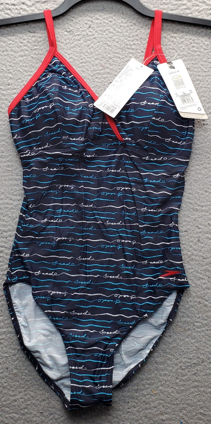 Speedo Swimsuit Womens 38 Multi Script Wave Patterned One Piece Tommy Control