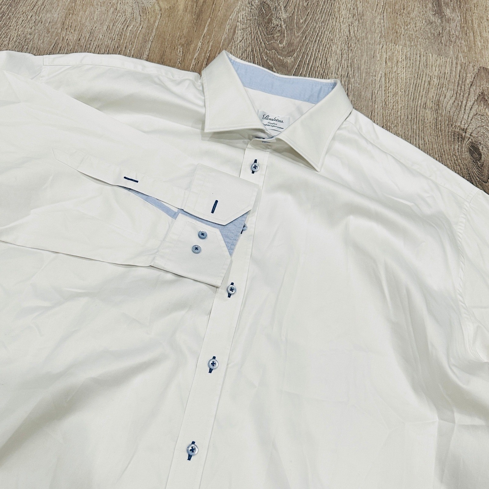 Stenstroms Comfort Twofold Super Cotton Shirt Mens 49 19.5 Off White Blue Trim